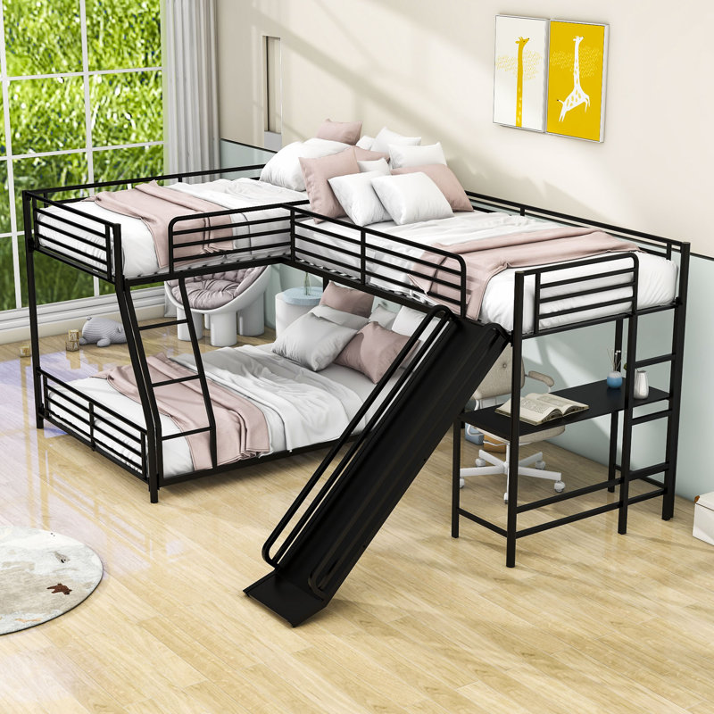 Geiser L Shaped Metal Triple Bunk Bed Twin Over Full Bunk Bed and Twin Loft Bed with Desk and Slide